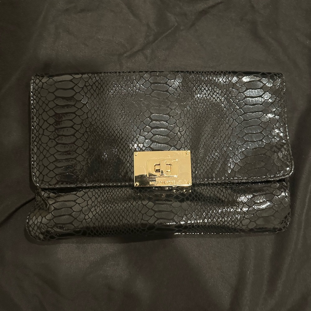 Michael Kors Black Snakeskin Clutch with Gold Accent